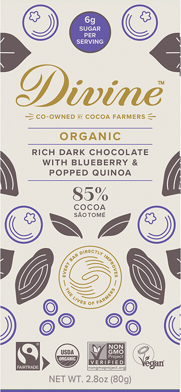 Image of 85% Dark Chocolate With Blueberry & Popped Quinoa Organic Packaging